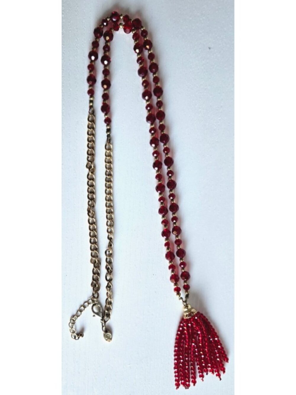 Charming Charlie Long Gold Tone Red Faceted Glass Bead Tassel Necklace 36 in